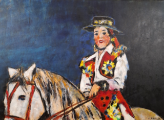 Acryl schilderij, Maya Wildevuur, Vrouw op paard, 1993